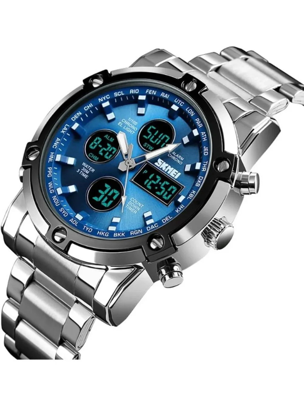 Men’s Silver Blue Analog-Digital Stainless Steel Large Face Chronograph Watch